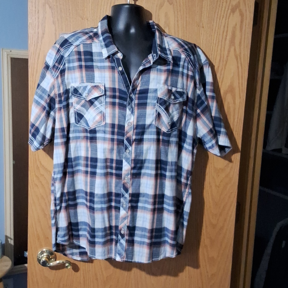 Buckle Men's Short-Sleeve Plaid Button-Down Shirt - Navy, White & Light Orange